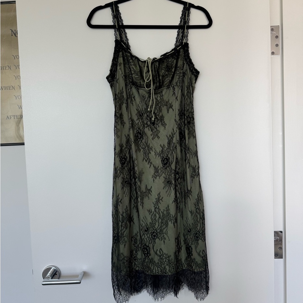 Medium Olive & Black Lace Slip Midi Dress Romantic Gothic Coquette